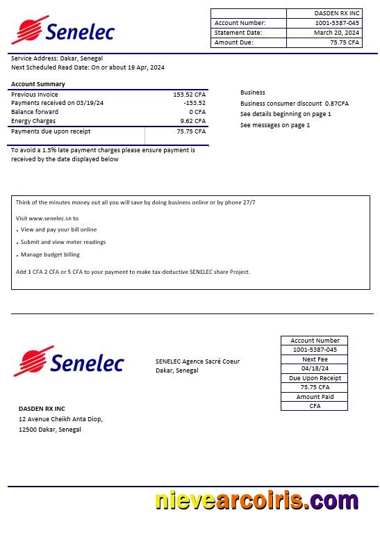 Senegal Senelec Agence Sacré Coeur Company electricity business utility bill